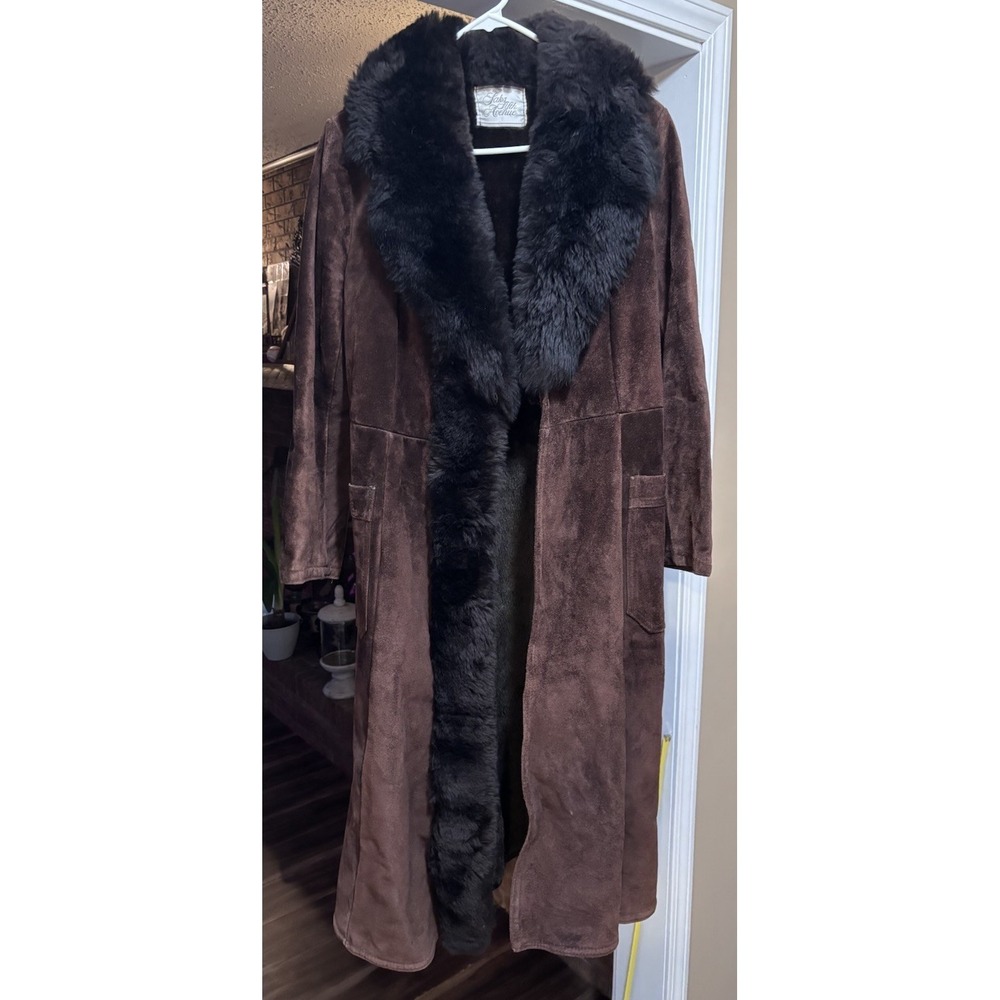 Vintage 70s Saks‎ Fifth Avenue Shearling Coat Brown Suede Fur Collar Trench VTG